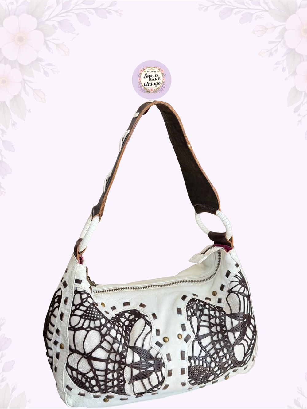 Vintage Western Betsey Johnson Leather Shoulder Bag • Y2K White & Brown Hobo - Picture 11 of 13
